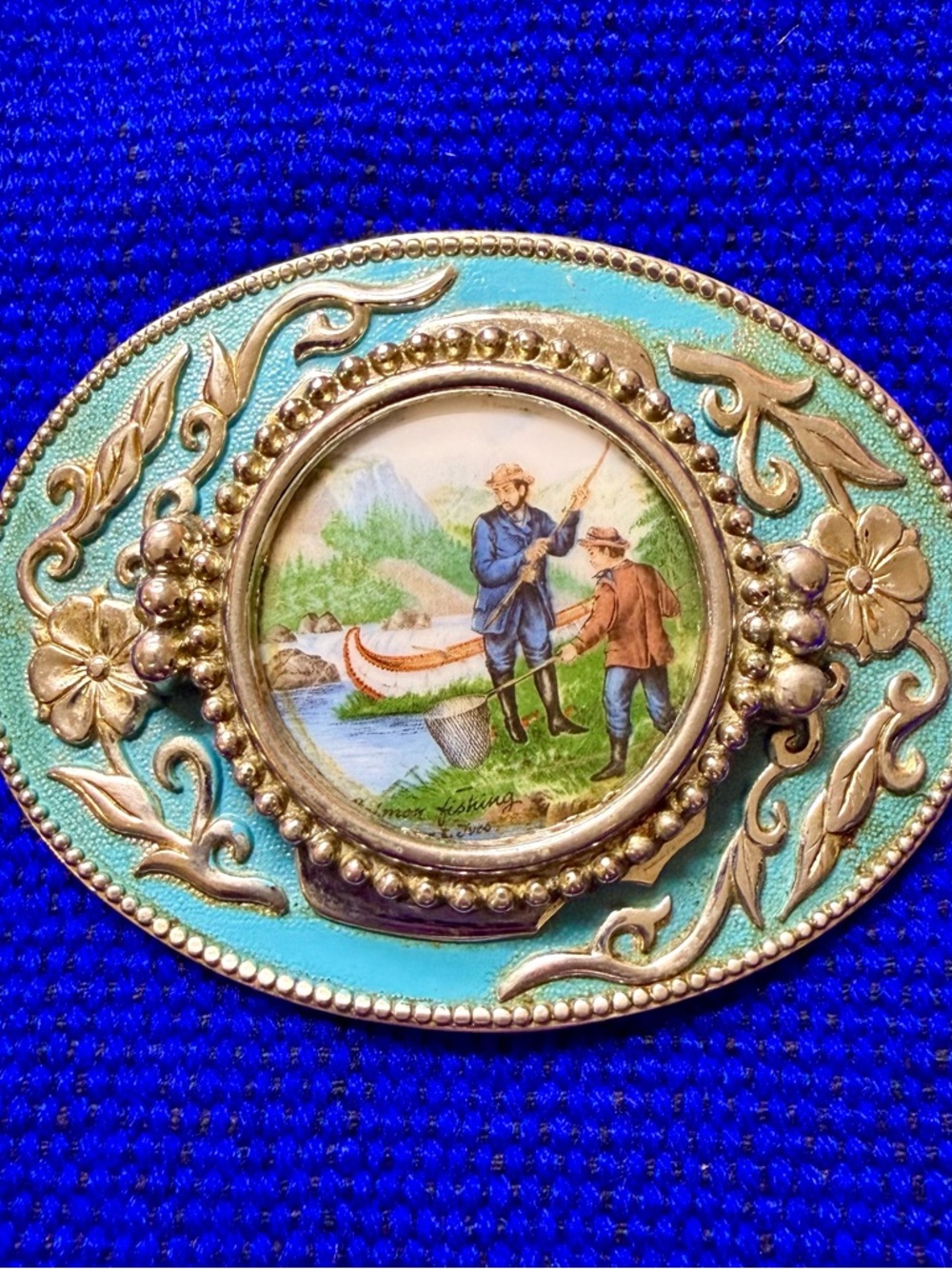 Vintage Western Belt Buckle Porcelain Cabochon Turquoise Silver-Toned Engraving